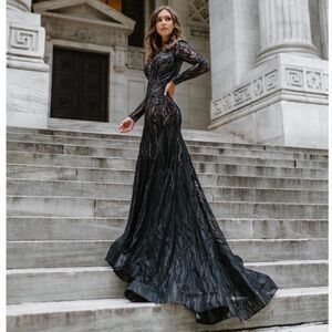 Mac Duggal Beaded Illusion Long Sleeves Plunge Neck Gown